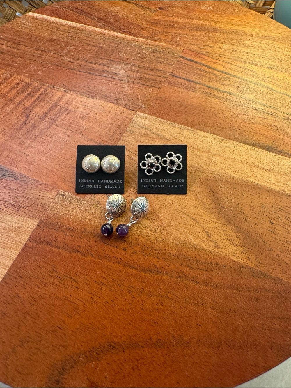 Indian Handmade Sterling Silver Earrings Set with Purple Drops